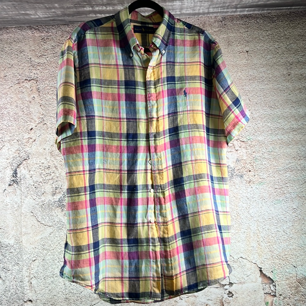 RALPH LAUREN Short Sleeve Shirt Sz. xL100% Linen Plaid Tartan Colorful A614 - Picture 1 of 4